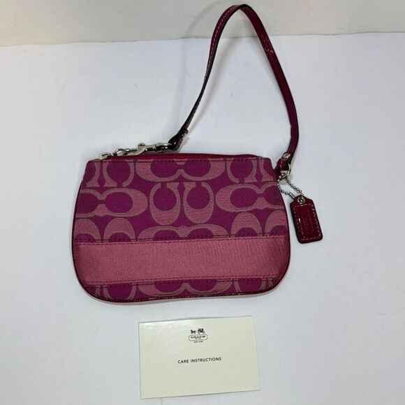 COACH Pink Color Signature Monogram Stripe Silver Metallic Wristlet Wallet - Picture 1 of 4